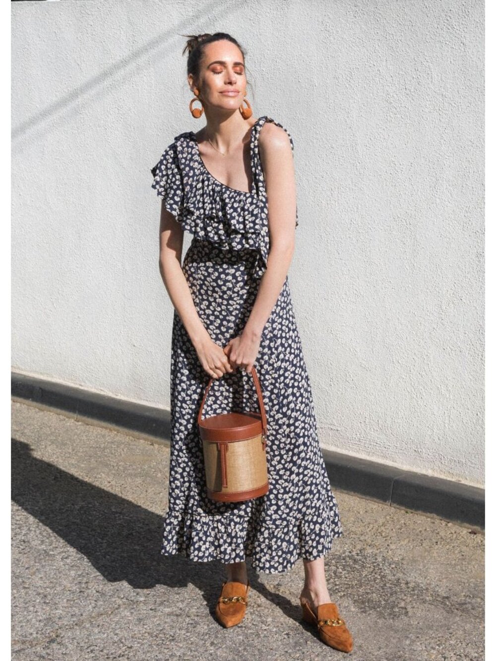 Ganni Roseburg Crepe Dress Maxi Tie Strap Total Eclipse Navy Leaf Print US 4